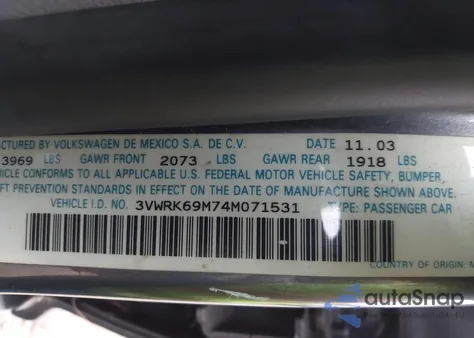 2004 Volkswagen Jetta Gl from USA, damaged, VIN 3VWRK69M74M071531